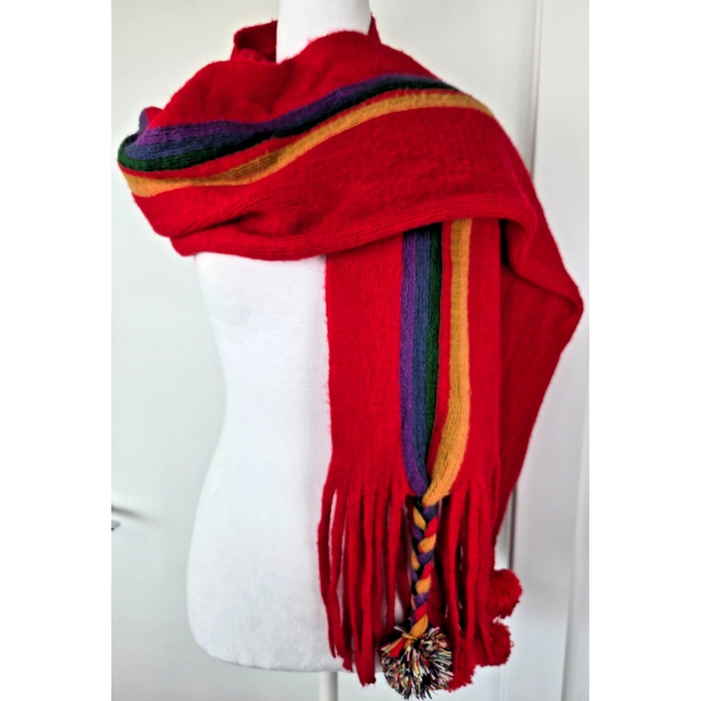 Pom Pom Red Scarf Purple Green Blue Yellow Striped Soft Smooth Warm Comfy Lightw